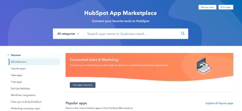 Capture d'écran du Marketplace HubSpot